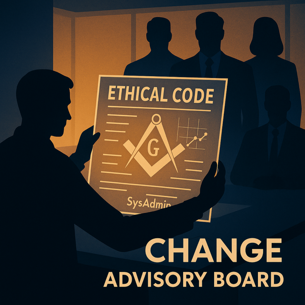 Silhouette of a sysadmin presenting an “Ethical Code” poster featuring Masonic symbols to a boardroom of advisors, representing integrity and governance in IT change management.