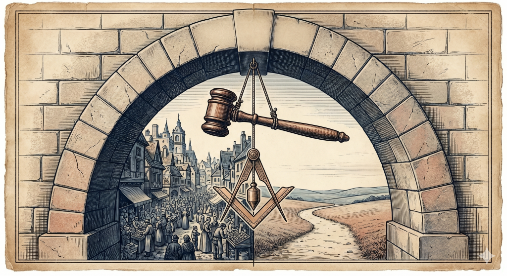 Antique-style engraving of a stone archway framing a split scene. Suspended in the center are a gavel, plumb line, and square. The left view shows a bustling town, while the right view shows a peaceful winding path.