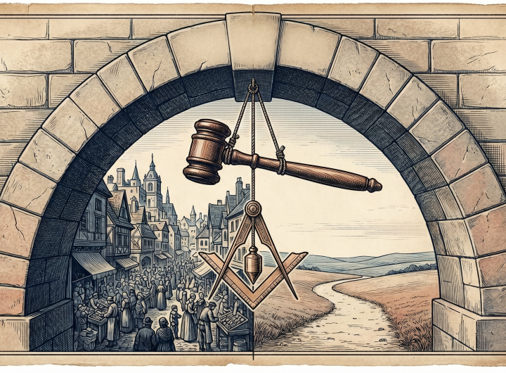Antique-style engraving of a stone archway framing a split scene. Suspended in the center are a gavel, plumb line, and square. The left view shows a bustling town, while the right view shows a peaceful winding path.