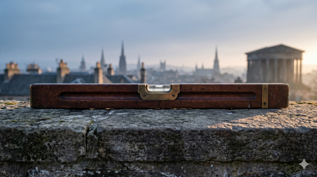 A perfectly horizontal antique mahogany and brass spirit level resting on a weathered limestone wall, with a soft, hazy European skyline and sunrise in the background.