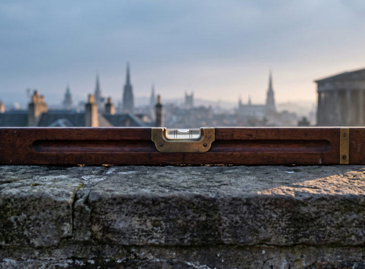 A perfectly horizontal antique mahogany and brass spirit level resting on a weathered limestone wall, with a soft, hazy European skyline and sunrise in the background.