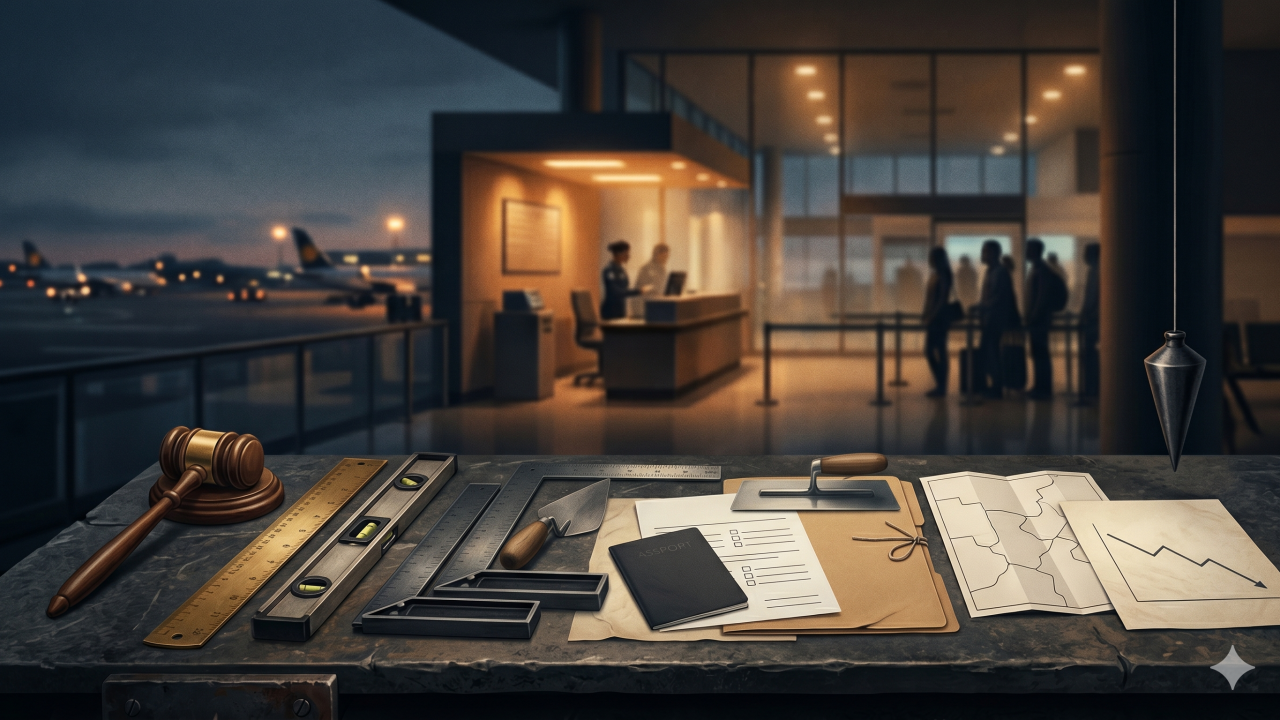 A dark stone workbench in the foreground holds symbolic working tools including a gavel, ruler, spirit level, square, trowel, and plumb bob, alongside plain paperwork. The background is a softly blurred airport screening area at dusk with warm lighting.