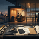 A dark stone workbench in the foreground holds symbolic working tools including a gavel, ruler, spirit level, square, trowel, and plumb bob, alongside plain paperwork. The background is a softly blurred airport screening area at dusk with warm lighting.