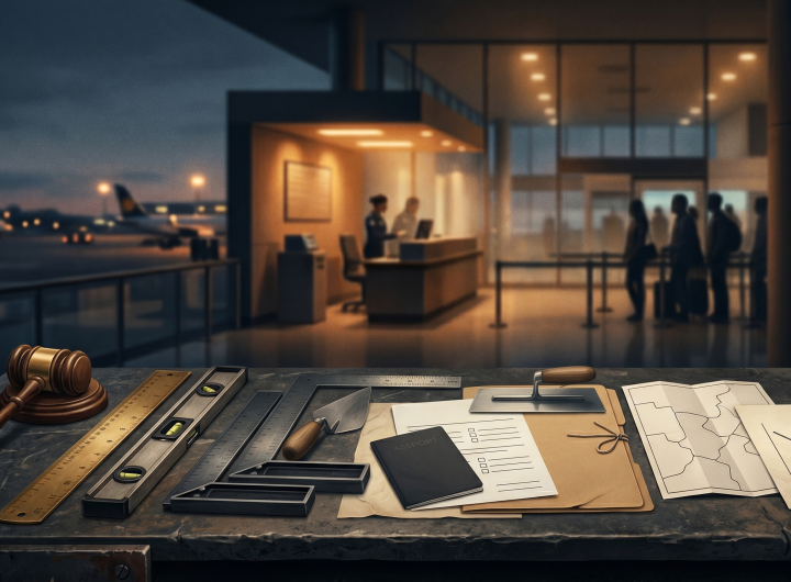 A dark stone workbench in the foreground holds symbolic working tools including a gavel, ruler, spirit level, square, trowel, and plumb bob, alongside plain paperwork. The background is a softly blurred airport screening area at dusk with warm lighting.