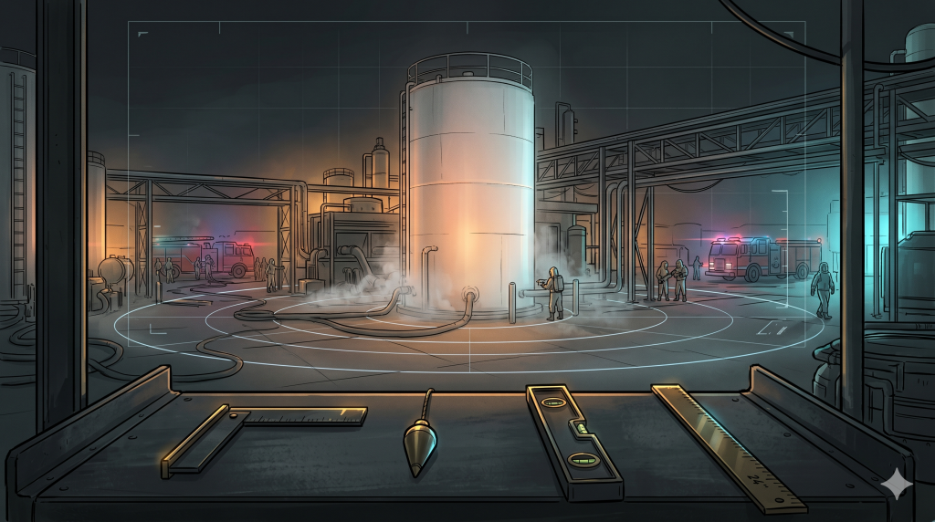 Cinematic NASA-punk style illustration of a hazardous chemical storage tank at a night industrial facility, viewed from a workbench with monitoring tools and HUD overlay.
