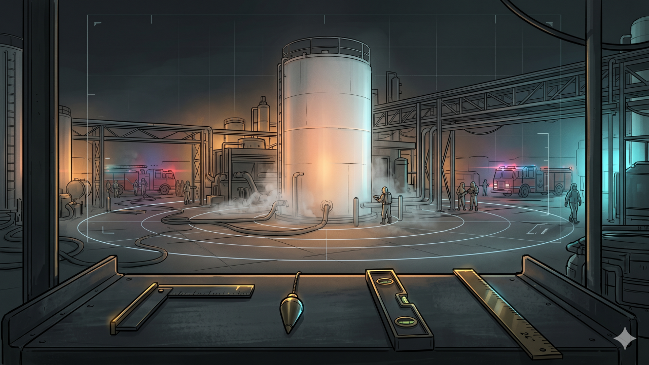 Cinematic NASA-punk style illustration of a hazardous chemical storage tank at a night industrial facility, viewed from a workbench with monitoring tools and HUD overlay.