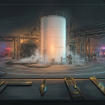 Cinematic NASA-punk style illustration of a hazardous chemical storage tank at a night industrial facility, viewed from a workbench with monitoring tools and HUD overlay.