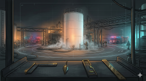 Cinematic NASA-punk style illustration of a hazardous chemical storage tank at a night industrial facility, viewed from a workbench with monitoring tools and HUD overlay.