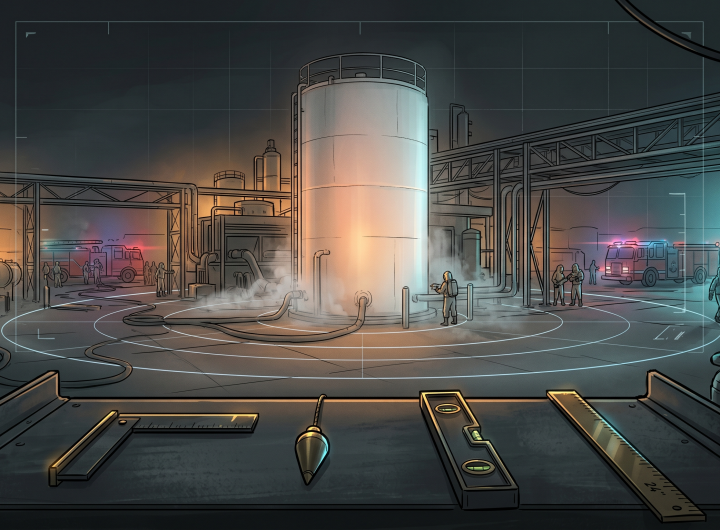 Cinematic NASA-punk style illustration of a hazardous chemical storage tank at a night industrial facility, viewed from a workbench with monitoring tools and HUD overlay.