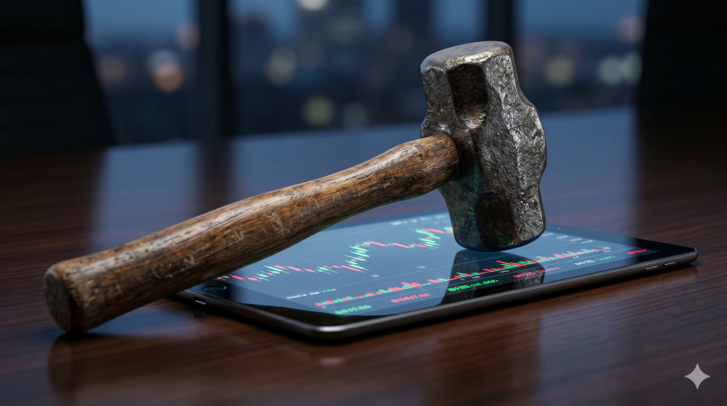A heavy stone hammer resting on a tablet screen displaying a green and red stock market candlestick chart on a dark wooden desk.