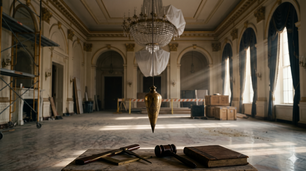 A perfectly still, antique brass plumb bob hanging in the center of an ornate, sunlit ballroom mid-renovation. A Masonic square, common gavel, and leather-bound ledger rest on a wooden surface in the foreground.