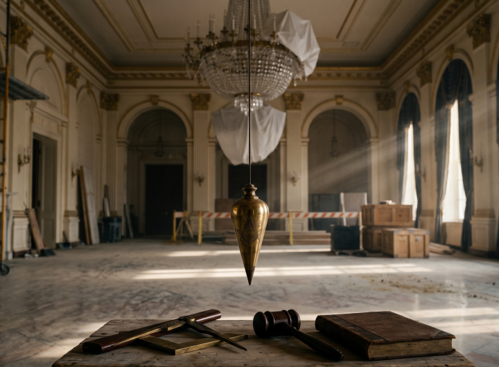 A perfectly still, antique brass plumb bob hanging in the center of an ornate, sunlit ballroom mid-renovation. A Masonic square, common gavel, and leather-bound ledger rest on a wooden surface in the foreground.