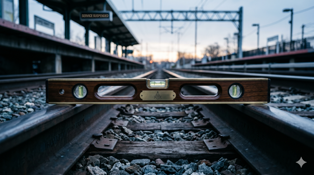 A low-angle, close-up photograph of a vintage walnut and brass Masonic plumb level resting horizontally across two dark, weathered steel railroad tracks. The central spirit bubble glows softly and is perfectly centered. The background shows an empty commuter train platform under cool, dim blue-hour morning light, creating a quiet and contemplative atmosphere.