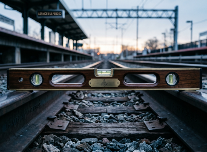 A low-angle, close-up photograph of a vintage walnut and brass Masonic plumb level resting horizontally across two dark, weathered steel railroad tracks. The central spirit bubble glows softly and is perfectly centered. The background shows an empty commuter train platform under cool, dim blue-hour morning light, creating a quiet and contemplative atmosphere.