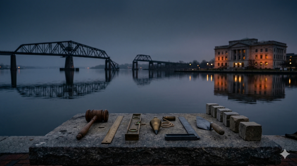 Six working tools and six rough stones neatly arranged on a stone table at twilight, with a collapsed steel bridge and a lit courthouse in the background.