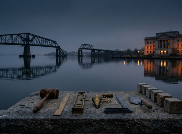 Six working tools and six rough stones neatly arranged on a stone table at twilight, with a collapsed steel bridge and a lit courthouse in the background.