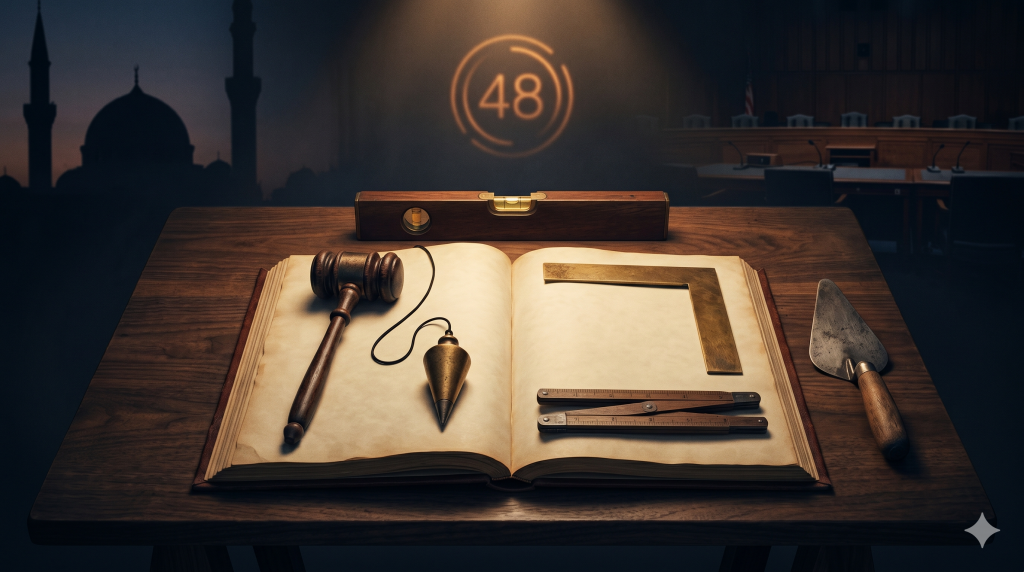 A dark walnut table featuring an open blank ledger surrounded by six Masonic working tools: a wooden gavel, brass plumb bob, wooden level, brass square, gauge, and trowel. In the soft-focus background, silhouettes of a mosque, an abstract glowing 48-hour countdown, and a congressional hearing room are visible under moody overhead lighting.