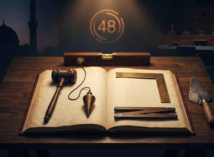 A dark walnut table featuring an open blank ledger surrounded by six Masonic working tools: a wooden gavel, brass plumb bob, wooden level, brass square, gauge, and trowel. In the soft-focus background, silhouettes of a mosque, an abstract glowing 48-hour countdown, and a congressional hearing room are visible under moody overhead lighting.