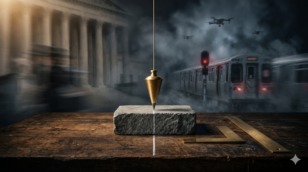 A polished brass plumb bob hangs perfectly straight over a gray stone block on a dark wooden workbench, with a brass square and ruler nearby. The background is a blurred, dark scene showing courthouse columns, a stopped train, and drones in a smoky sky.