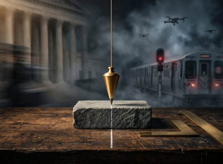A polished brass plumb bob hangs perfectly straight over a gray stone block on a dark wooden workbench, with a brass square and ruler nearby. The background is a blurred, dark scene showing courthouse columns, a stopped train, and drones in a smoky sky.