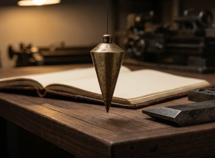 Brass plumb bob hanging over the corner of a dark drafting table beside an open leather ledger and a machined steel try-square.