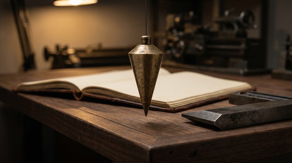 Brass plumb bob hanging over the corner of a dark drafting table beside an open leather ledger and a machined steel try-square.