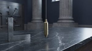 Brass plumb line, square, and gauge marks on a dark civic policy desk.
