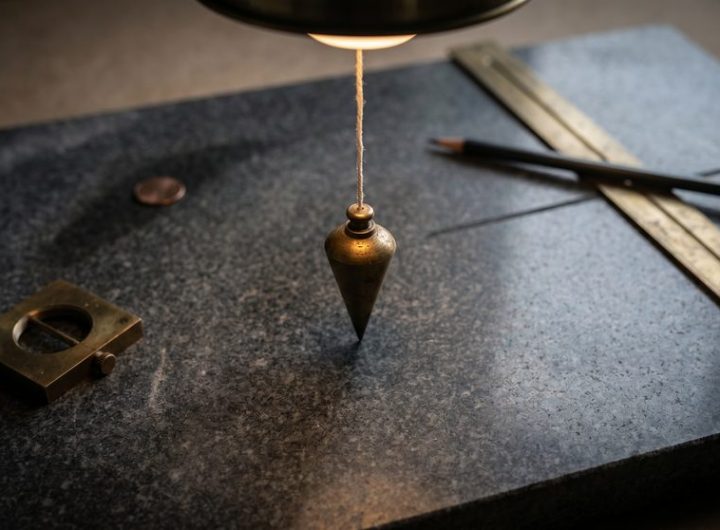 A brass plumb bob hanging over a granite drafting slab beside a brass square and a 24-inch gauge laid across a fresh pencil line.