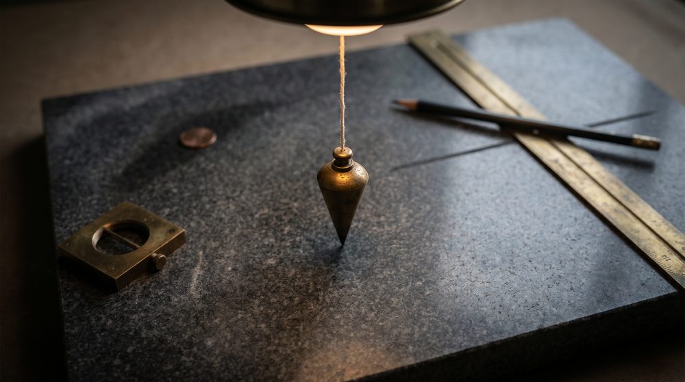 A brass plumb bob hanging over a granite drafting slab beside a brass square and a 24-inch gauge laid across a fresh pencil line.