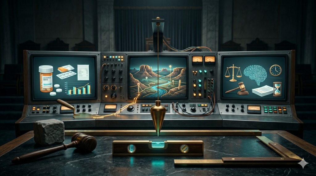 A retro-futuristic mission-control dashboard displaying panels for healthcare, public lands, and legal AI, sitting on a dark stone table surrounded by illuminated Masonic working tools like a plumb bob, level, and square.