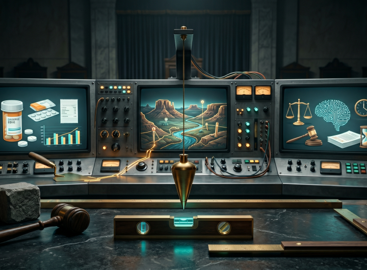 A retro-futuristic mission-control dashboard displaying panels for healthcare, public lands, and legal AI, sitting on a dark stone table surrounded by illuminated Masonic working tools like a plumb bob, level, and square.
