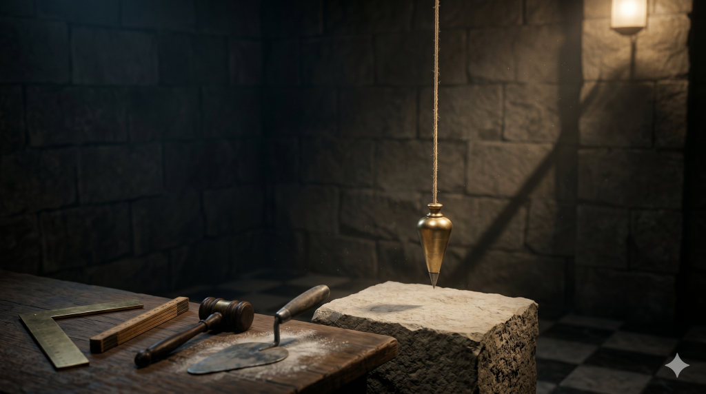A brass plumb bob suspended on a cord just above a rough limestone block, with a square, folding gauge, gavel, and trowel resting on a wooden workbench in a dimly lit stone room.