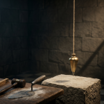 A brass plumb bob suspended on a cord just above a rough limestone block, with a square, folding gauge, gavel, and trowel resting on a wooden workbench in a dimly lit stone room.