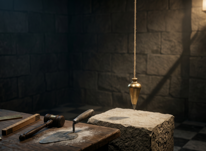 A brass plumb bob suspended on a cord just above a rough limestone block, with a square, folding gauge, gavel, and trowel resting on a wooden workbench in a dimly lit stone room.