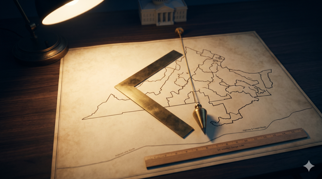 Brass Masonic square and plumb bob testing an abstract district map on a dark drafting table.