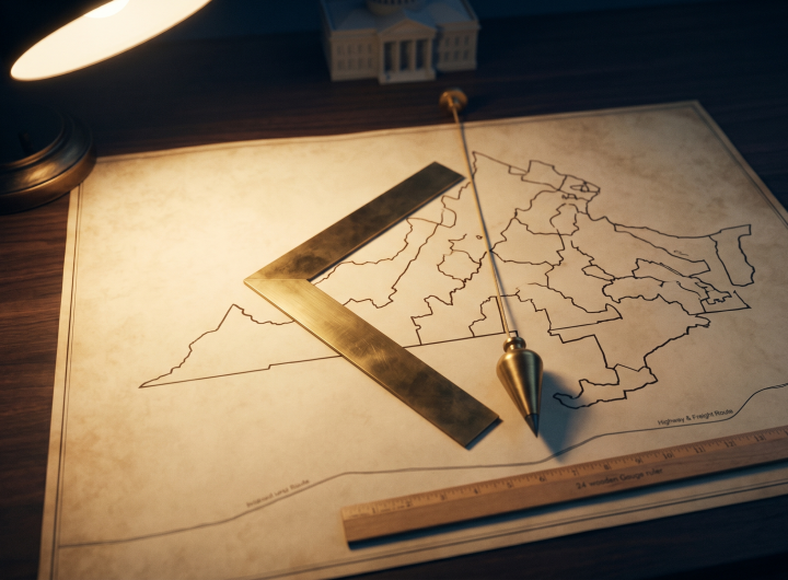 Brass Masonic square and plumb bob testing an abstract district map on a dark drafting table.
