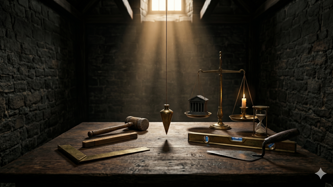 A dimly lit stone room featuring a dark wooden table. On the table are a brass square, a 24-inch gauge, a gavel, a spirit level, and a trowel. In the center, a brass plumb hangs perfectly straight in a beam of golden light, next to a balance scale weighing a miniature stone courthouse against a lit candle and an hourglass.