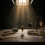 A dimly lit stone room featuring a dark wooden table. On the table are a brass square, a 24-inch gauge, a gavel, a spirit level, and a trowel. In the center, a brass plumb hangs perfectly straight in a beam of golden light, next to a balance scale weighing a miniature stone courthouse against a lit candle and an hourglass.