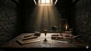 A dimly lit stone room featuring a dark wooden table. On the table are a brass square, a 24-inch gauge, a gavel, a spirit level, and a trowel. In the center, a brass plumb hangs perfectly straight in a beam of golden light, next to a balance scale weighing a miniature stone courthouse against a lit candle and an hourglass.