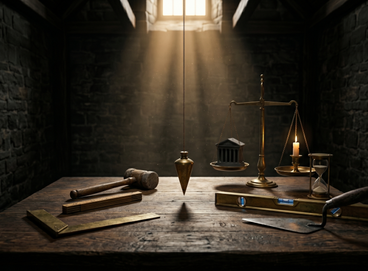 A dimly lit stone room featuring a dark wooden table. On the table are a brass square, a 24-inch gauge, a gavel, a spirit level, and a trowel. In the center, a brass plumb hangs perfectly straight in a beam of golden light, next to a balance scale weighing a miniature stone courthouse against a lit candle and an hourglass.