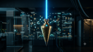 A close-up of a brass plumb bob suspended by a glowing blue fiber-optic cable. The background is a dark, blurred digital display featuring software telemetry graphs and network nodes.