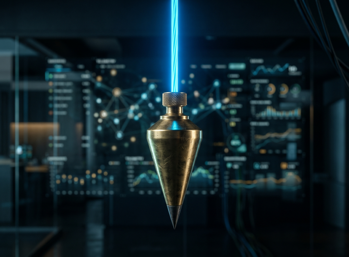 A close-up of a brass plumb bob suspended by a glowing blue fiber-optic cable. The background is a dark, blurred digital display featuring software telemetry graphs and network nodes.