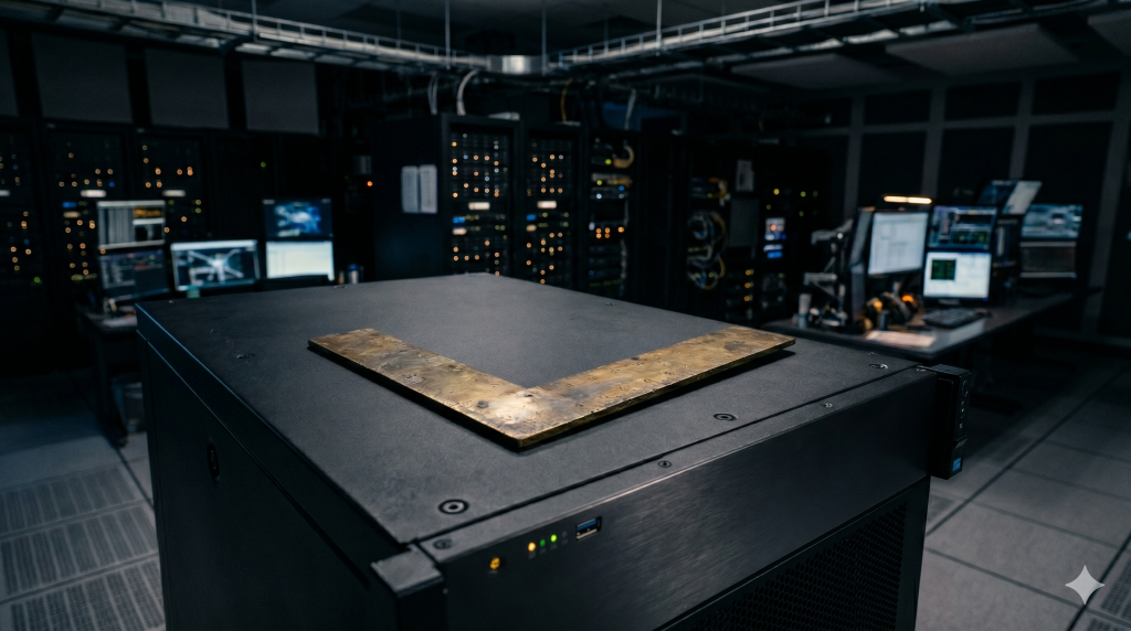 An antique brass stonemason's square resting on top of a matte-black enterprise server rack in a dimly lit, high-tech control room.