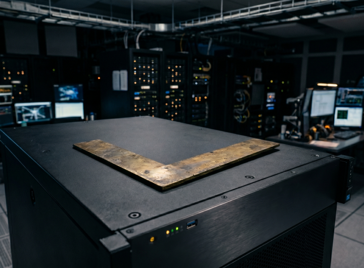 An antique brass stonemason's square resting on top of a matte-black enterprise server rack in a dimly lit, high-tech control room.